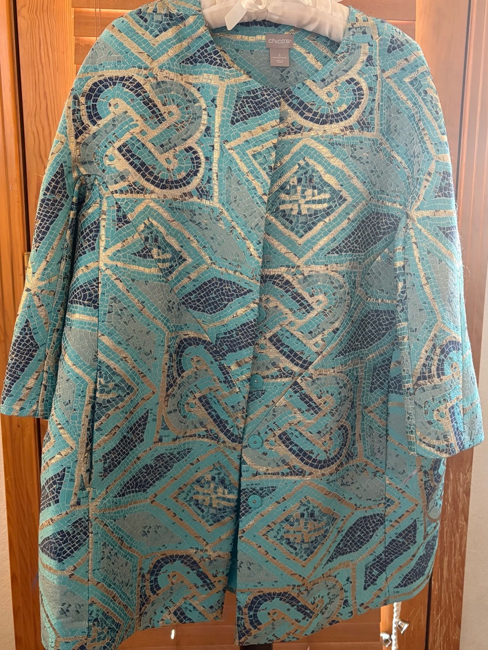 Chico's Teal and Gold Geometric Print Jacket Size 3